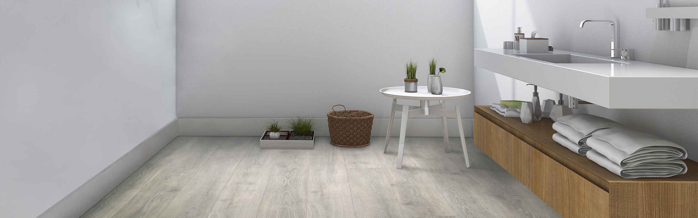 light grey wood look laminate flooring in bathroom