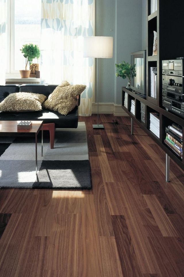 Dark stained hardwood floors in a modern styled living room